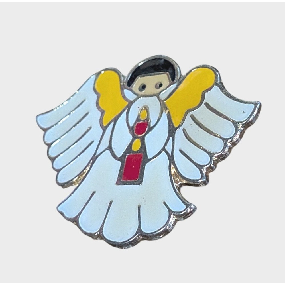 Vintage Angel Pin Brooch White Yellow Metal Enamel Christmas Candle Korea Unisex